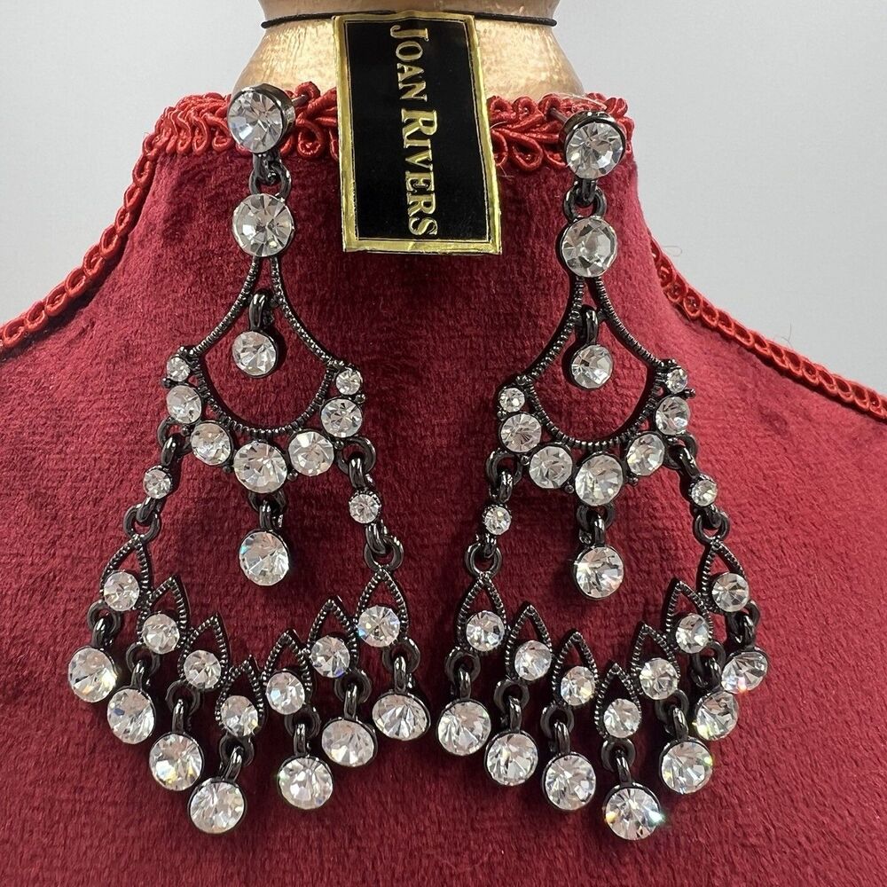 Pierced Vintage JOAN RIVERS Chandelier Earrings 2 1/2" Rhinestone Gunmetal New